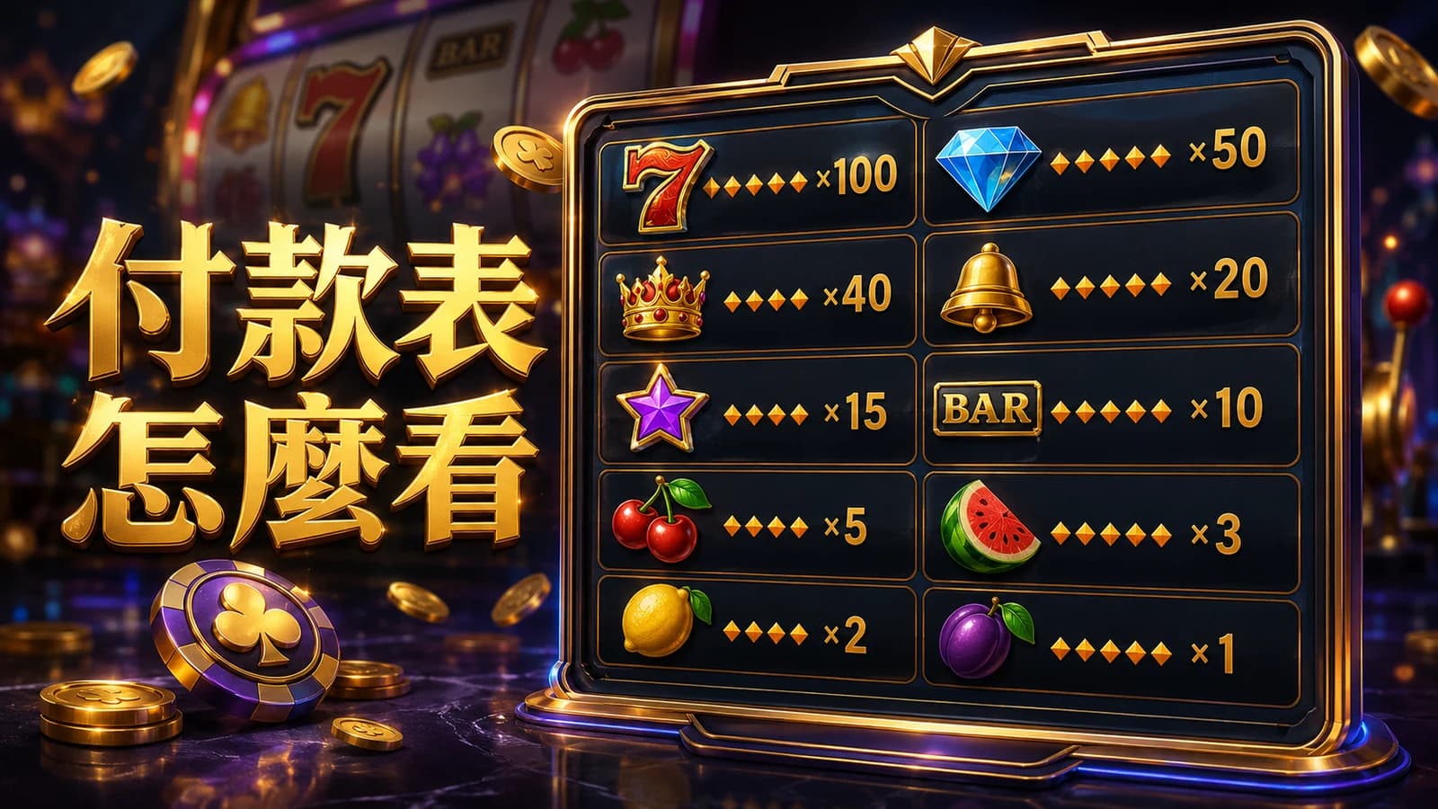 老虎機Paytable頁面列出各符號對應的倍數