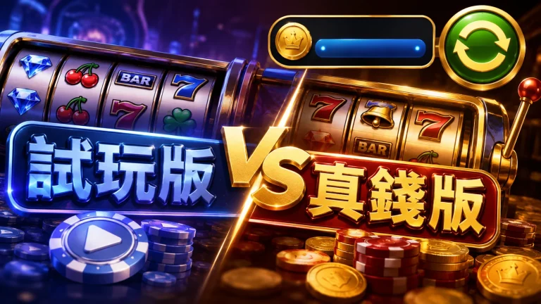 老虎機試玩模式畫面，右上角顯示虛擬點數與旋轉按鈕
