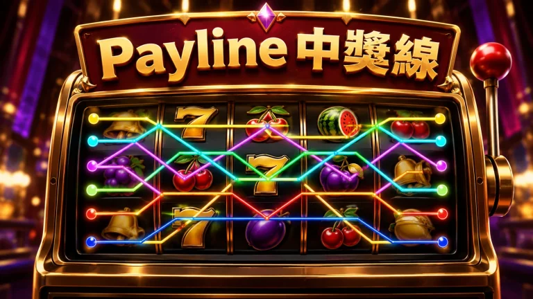 拉霸機畫面標示出多條中獎線走向的彩色路徑